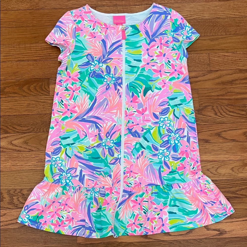 Lilly Pulitzer girls pink floral short sleeve zip swimsuit coverup robe, XL